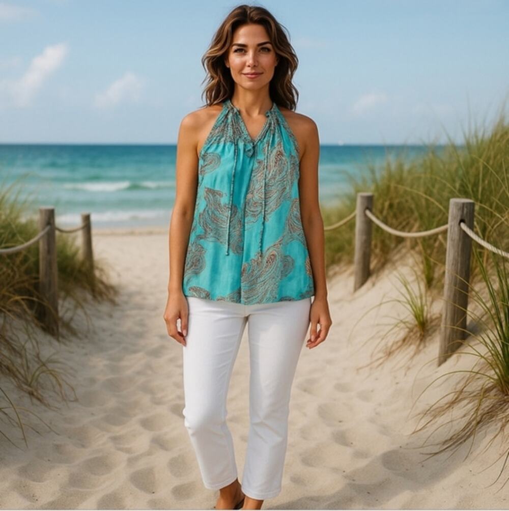Adiva Aqua/Teal Chiffon Sleeveless Lined Blouse Size Medium